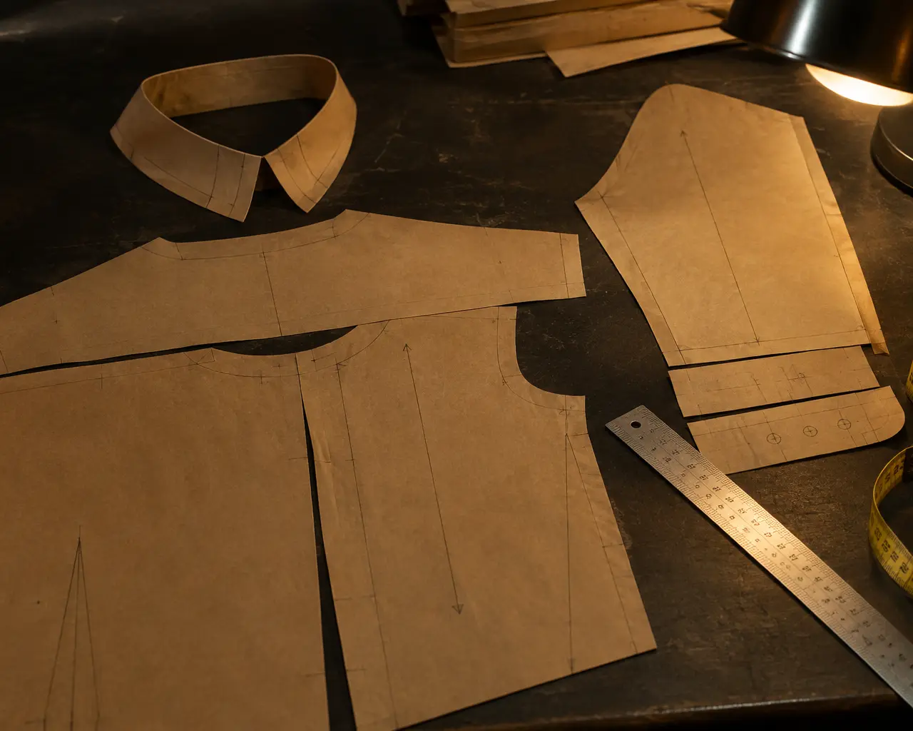 Patrón de camisa en papel kraft, con cuello, manga y puño recortados