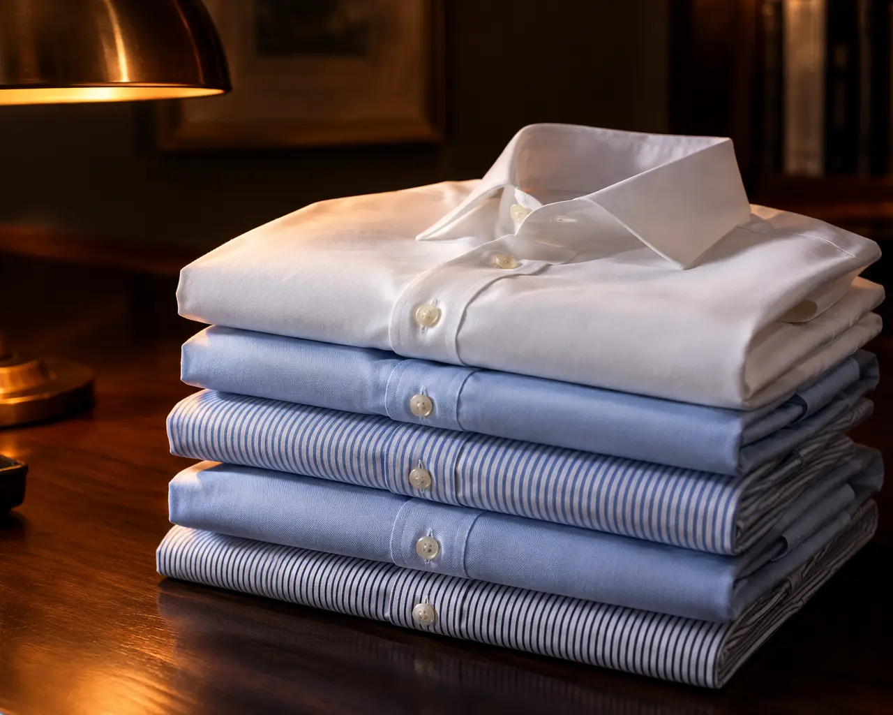 Camisas dobladas en blanco, celeste y raya sobre la mesa de nogal del taller