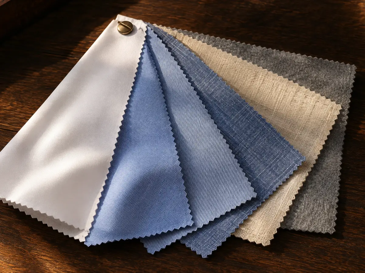 Muestrario de tejidos para camisa abierto en abanico: blanco, celestes, crudo y gris