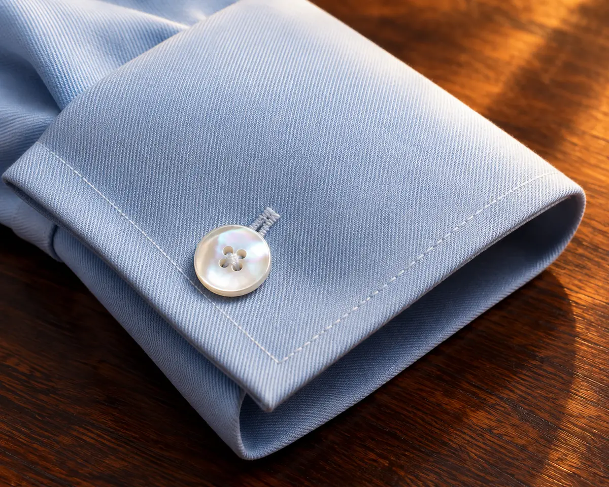 Puño de twill celeste con botón de nácar de 11 mm